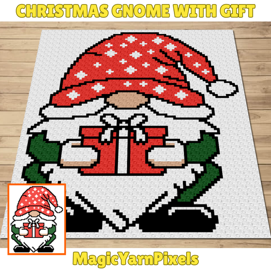 Christmas Gnome With Gift C2C Crochet Pattern by Magic Yarn Pixels