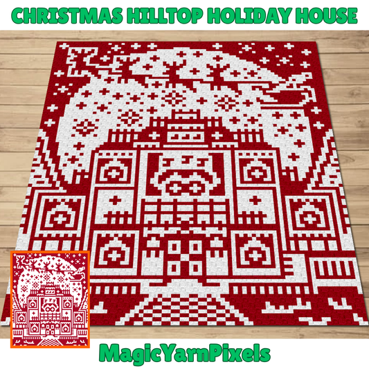 Christmas Heartwarming Hilltop Holiday House Crochet Blanket Pattern Chart & Written Pattern For C2C + Tapestry Reindeers Santa Gifts Afghan