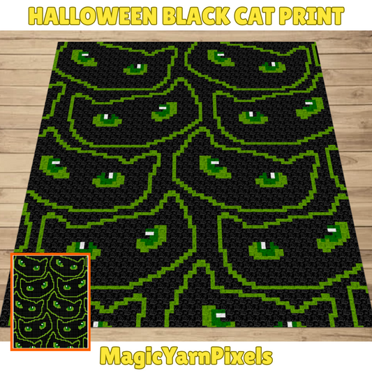 Halloween Black Cat Print Crochet Blanket Pattern Chart & Written Pattern For C2C + Tapestry Crochet | Gifts For Cat Owners - Trick Or Treat