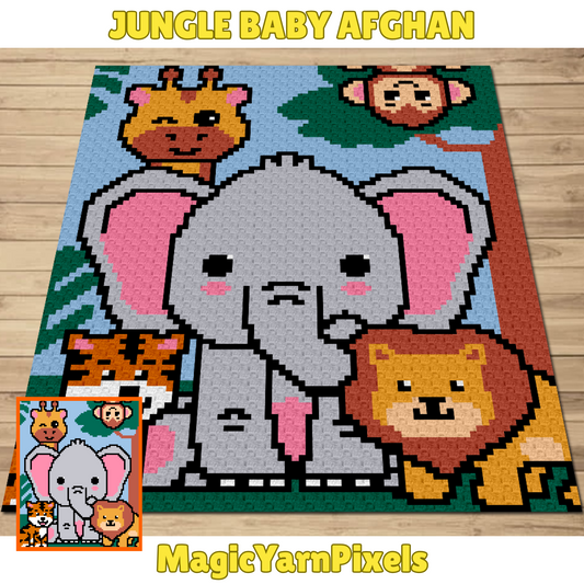 Jungle Baby Afghan Graph & Pattern C2C Tapestry Crochet | Jungle Baby Blanket Pattern Monkey Giraffe Lion Elephant Tiger Crochet Baby Gifts