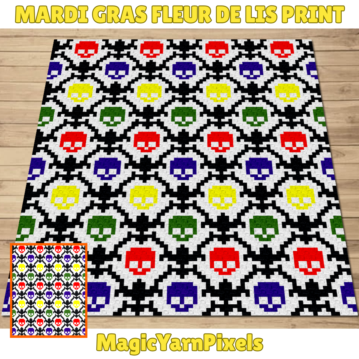 Mardi Gras Fleur De Lis Skulls Crochet Blanket Pattern w/ Chart & Written Pattern For C2C + Tapestry | Graphgan New Orleans Occult Gifts Him