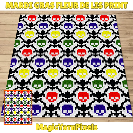 Mardi Gras Fleur De Lis Skulls Crochet Blanket Pattern w/ Chart & Written Pattern For C2C + Tapestry | Graphgan New Orleans Occult Gifts Him