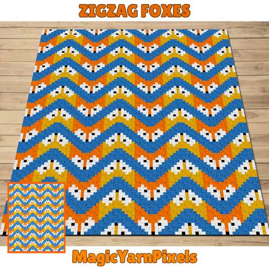 Zigzag Foxes Afghan Pattern + Graph for C2C & Tapestry Crochet | Crochet Fox Print Blanket Fox Lap Blanket Gift Forest Theme Nursery Baby