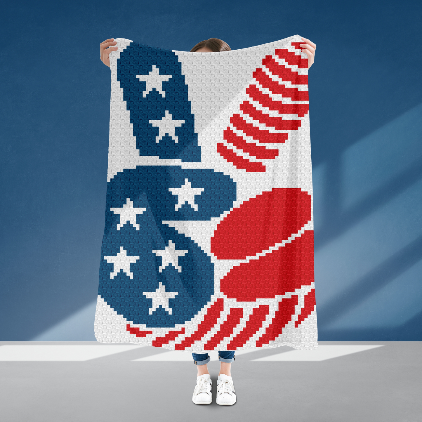Patriotic Hand Pattern + Graph for C2C & Tapestry Crochet | Crochet 4th Of July C2C Blanket American Red White Blue Stars USA America Afghan