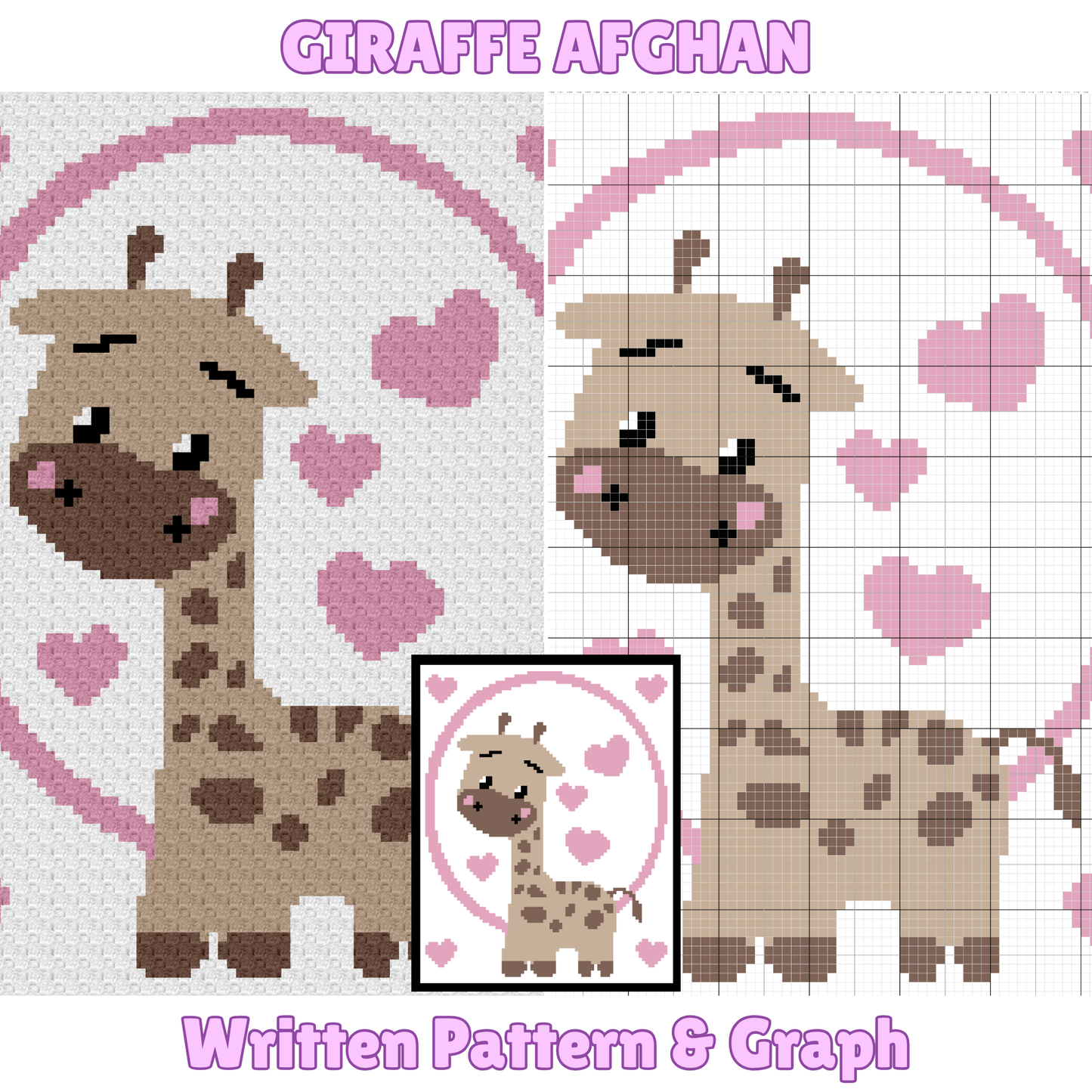 Giraffe With Hearts Graph + Written Pattern For C2C & Tapestry Crochet - Crochet Valentines Baby Blanket Pattern - C2C Jungle Themed Nursery