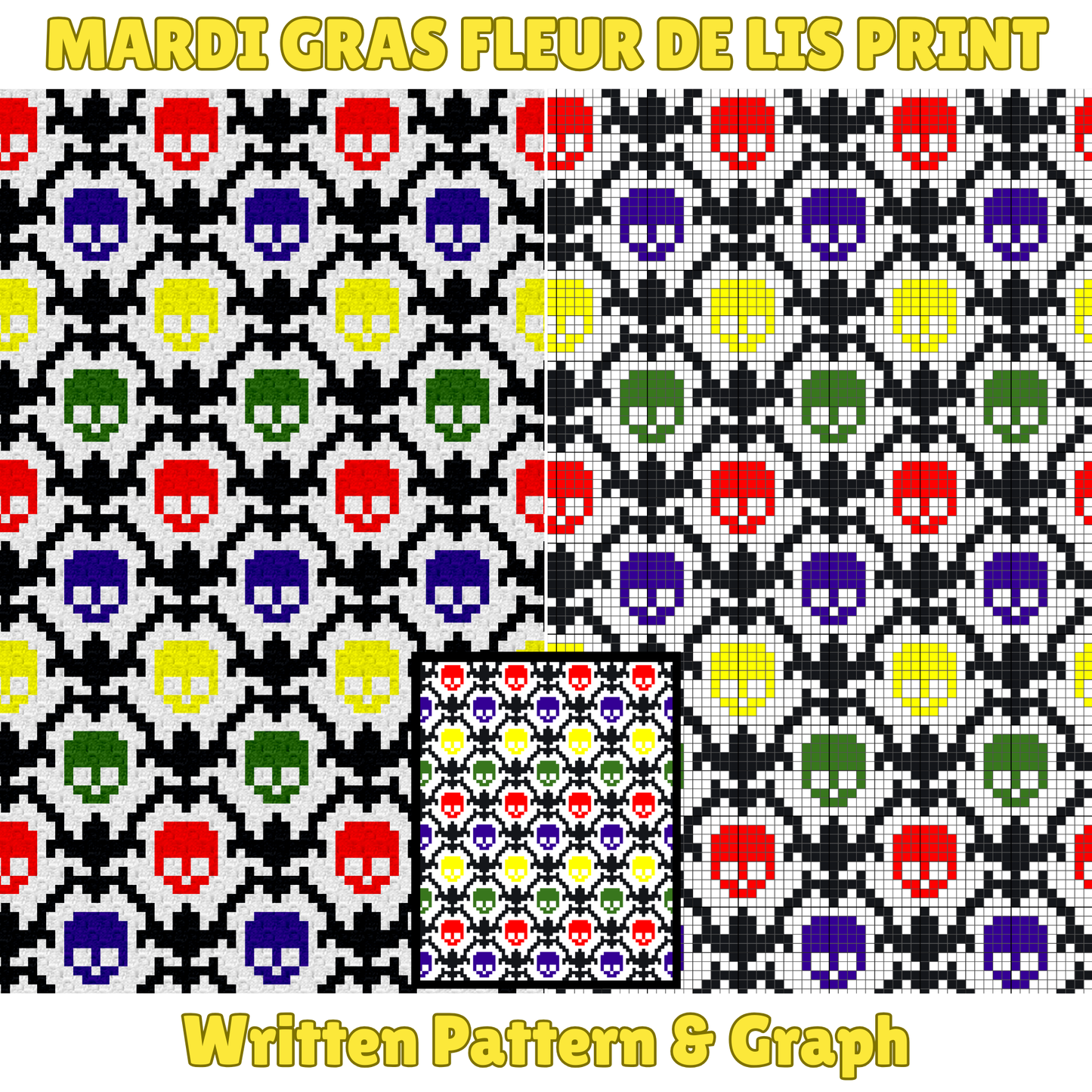 Mardi Gras Fleur De Lis Skulls Crochet Blanket Pattern w/ Chart & Written Pattern For C2C + Tapestry | Graphgan New Orleans Occult Gifts Him