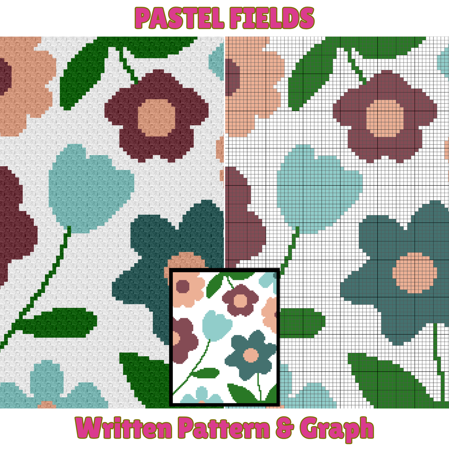 Pastel Fields Graph & Pattern C2C Tapestry Crochet - C2C Flower Garden Blanket - Crochet Tulip Blanket - C2C Floral Crochet Blanket Graphgan