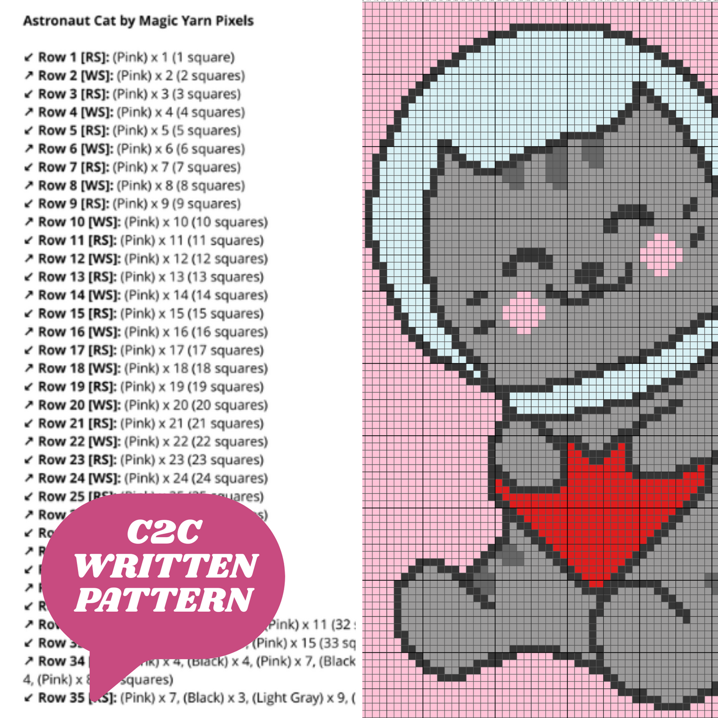 Astronaut Cat Graph + Written Pattern For C2C & Tapestry Crochet - Crochet Cat Graph - Crochet Cat Baby Blanket - Kawaii Space Kitten Afghan