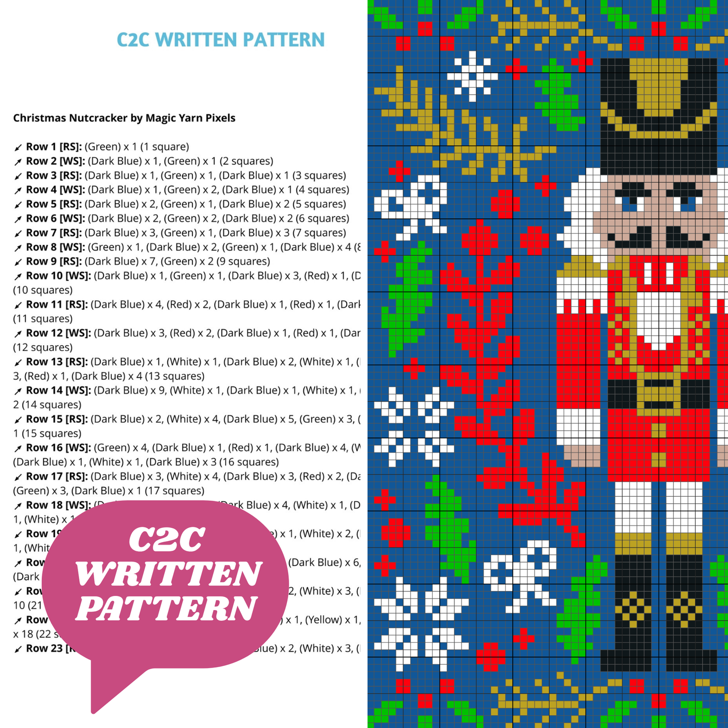 Christmas Nutcracker Afghan Graph & Pattern for C2C + Tapestry Crochet | Prince Nutcracker Easy Crochet Pattern Holiday Gifts Traditional