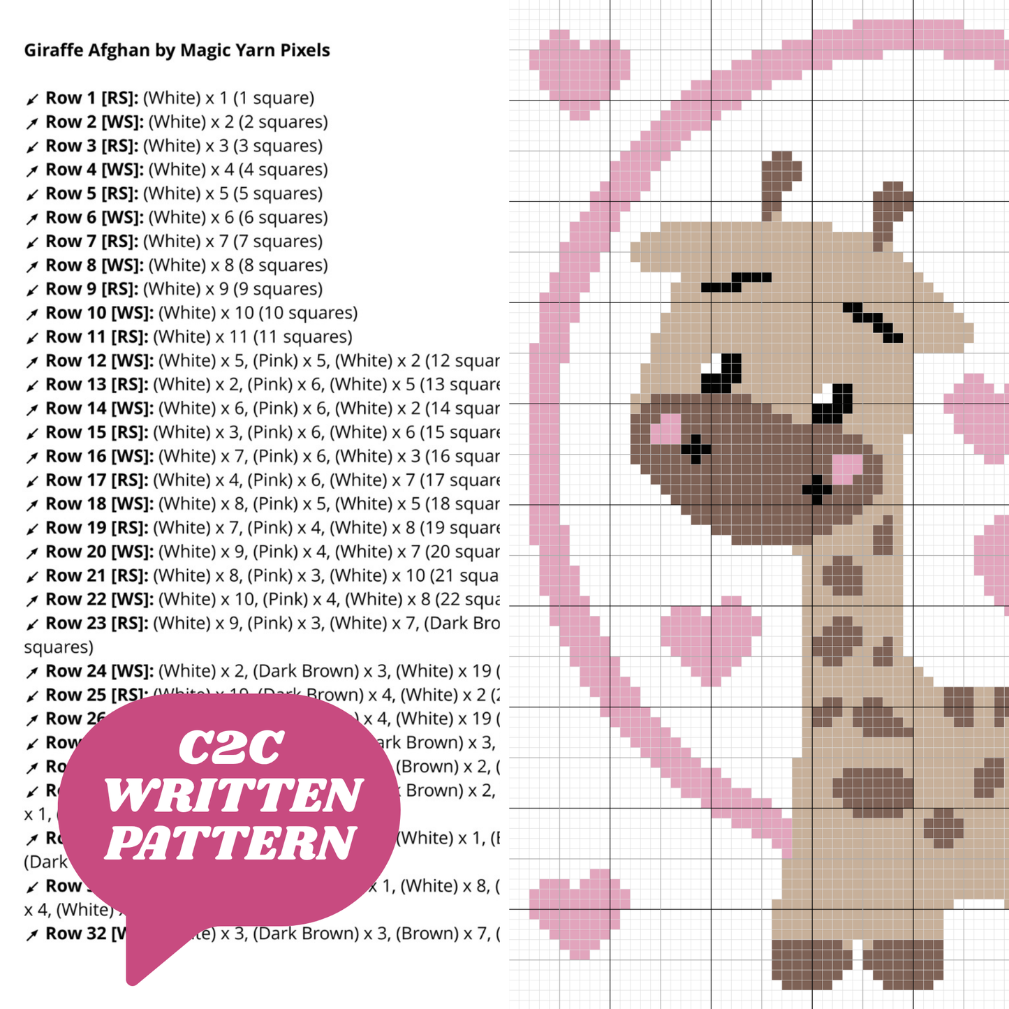 Giraffe With Hearts Graph + Written Pattern For C2C & Tapestry Crochet - Crochet Valentines Baby Blanket Pattern - C2C Jungle Themed Nursery