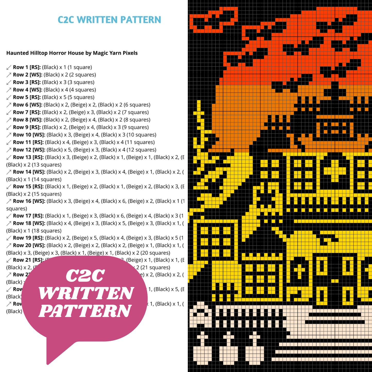 Haunted Horror Hilltop House Blanket Graph and Pattern for C2C & Tapestry Crochet | Halloween Afghan | Haunted House Spooky Halloween Decor