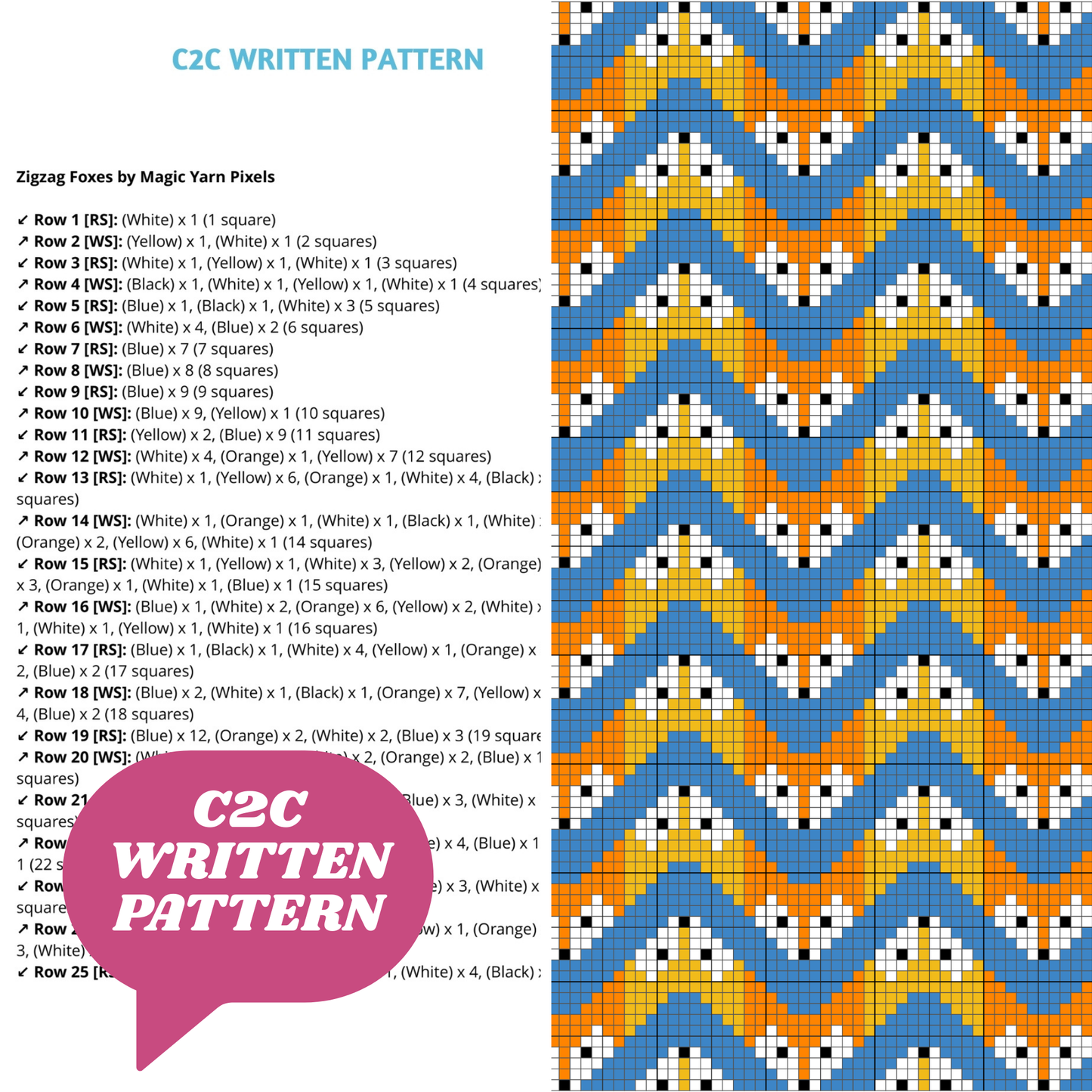 Zigzag Foxes Afghan Pattern + Graph for C2C & Tapestry Crochet | Crochet Fox Print Blanket Fox Lap Blanket Gift Forest Theme Nursery Baby