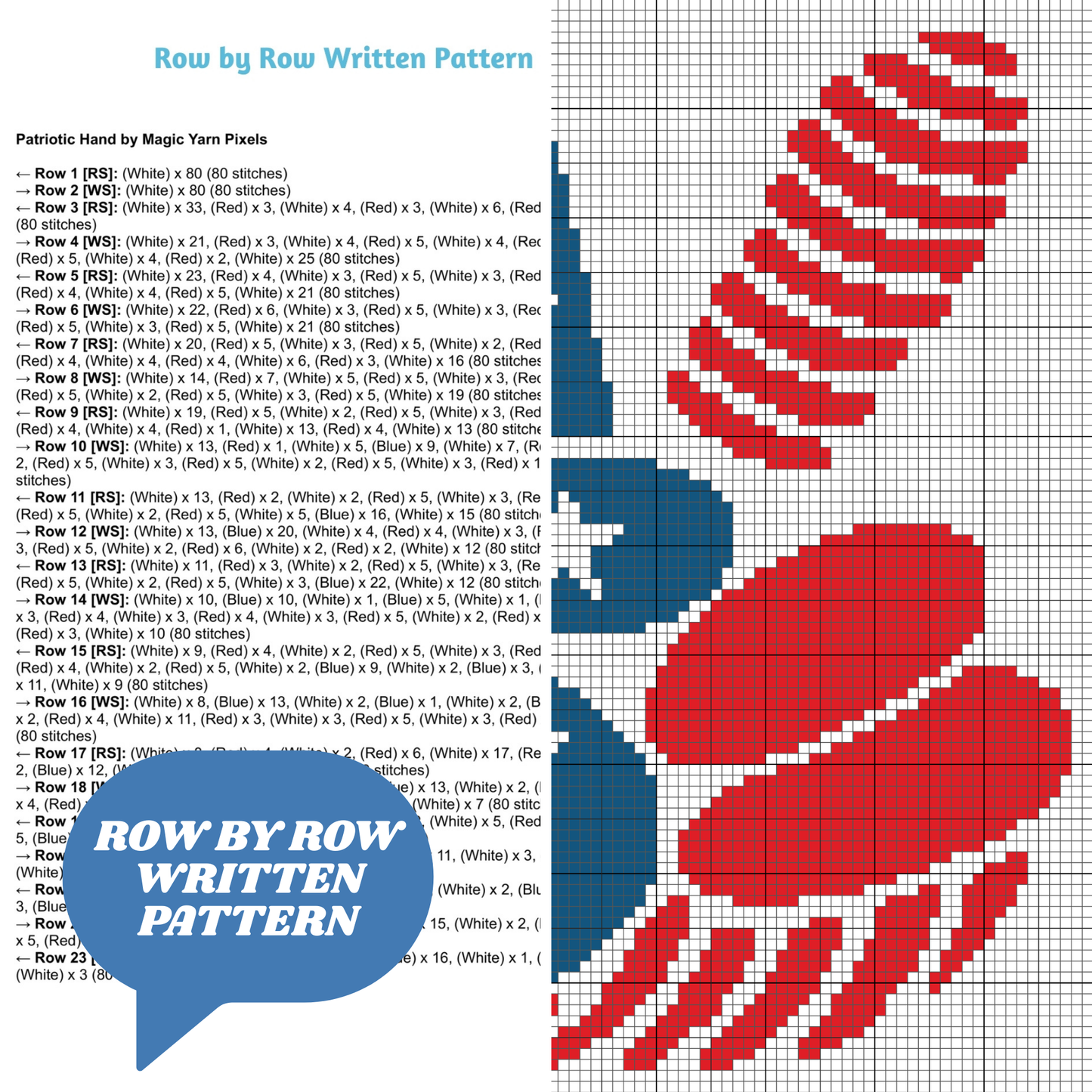 Patriotic Hand Pattern + Graph for C2C & Tapestry Crochet | Crochet 4th Of July C2C Blanket American Red White Blue Stars USA America Afghan