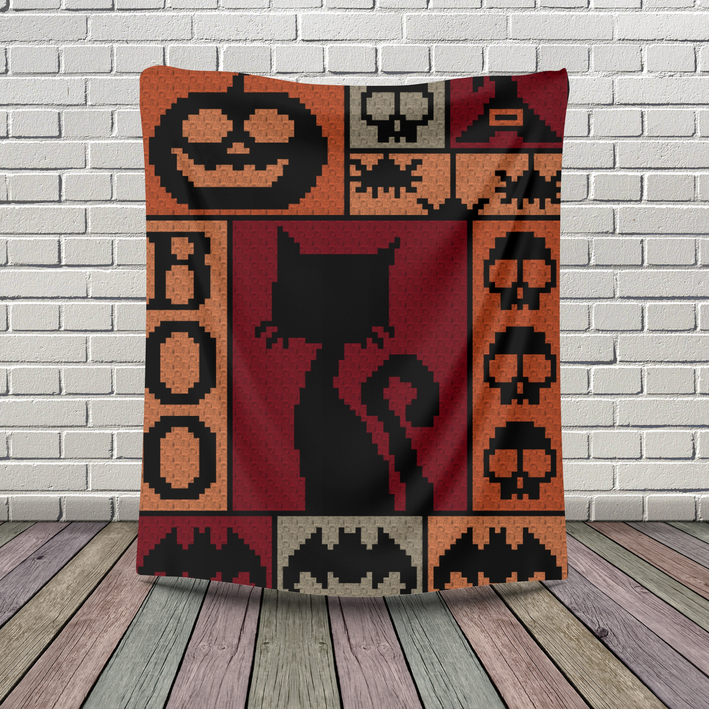 Crochet Halloween Blanket Graph and Pattern for C2C & Tapestry Crochet | C2C Halloween Afghan | Boo Bats Spiders Skulls Witch Hat Black Cats