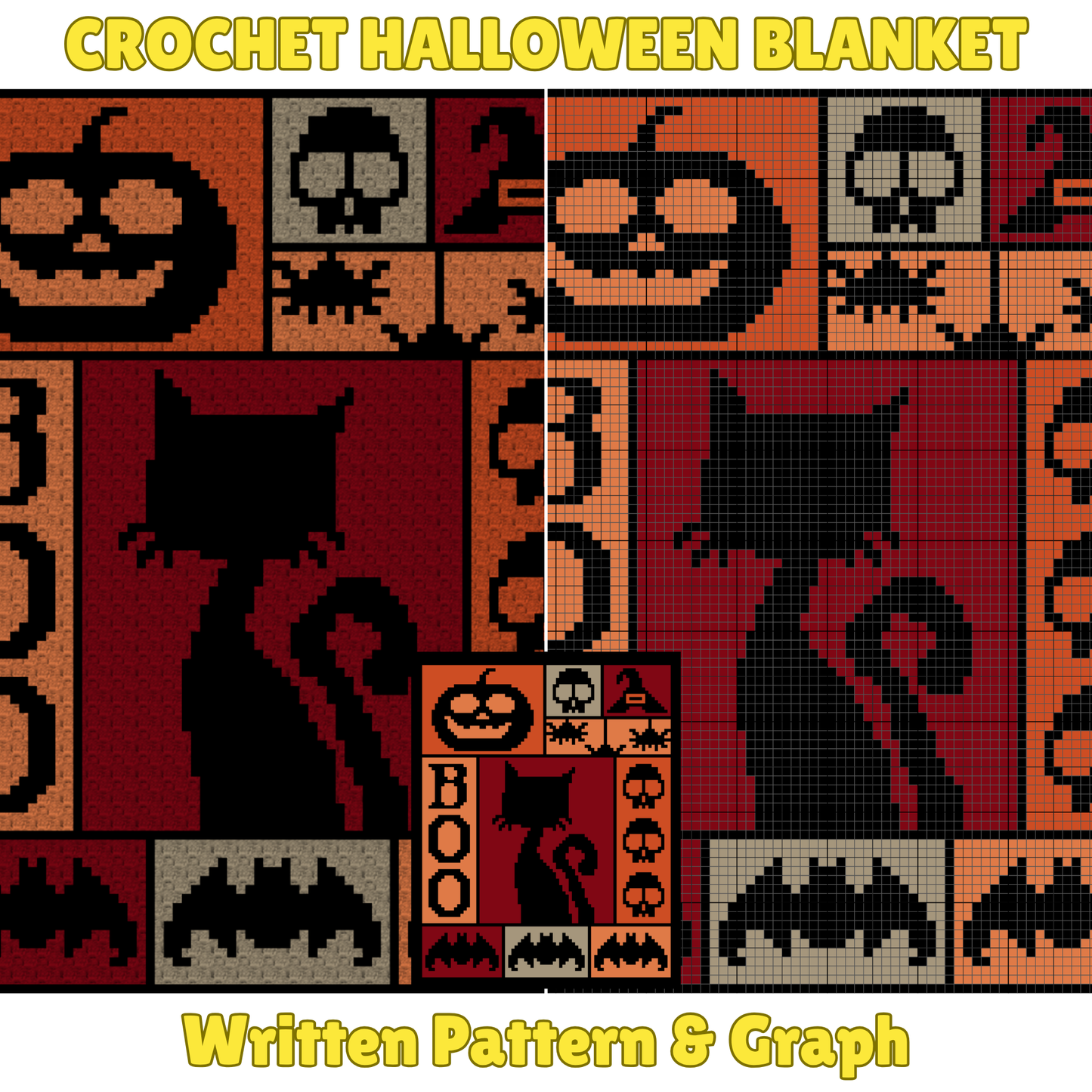Crochet Halloween Blanket Graph and Pattern for C2C & Tapestry Crochet | C2C Halloween Afghan | Boo Bats Spiders Skulls Witch Hat Black Cats