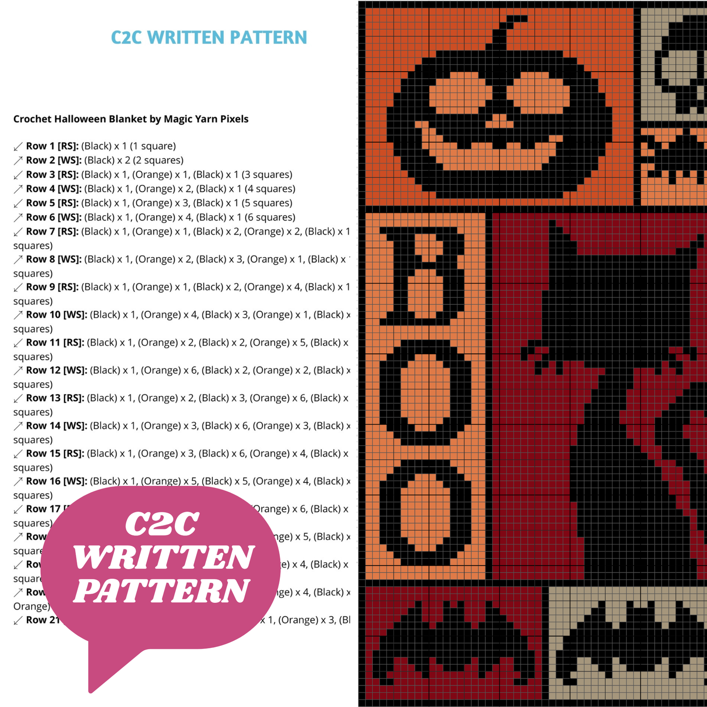 Crochet Halloween Blanket Graph and Pattern for C2C & Tapestry Crochet | C2C Halloween Afghan | Boo Bats Spiders Skulls Witch Hat Black Cats