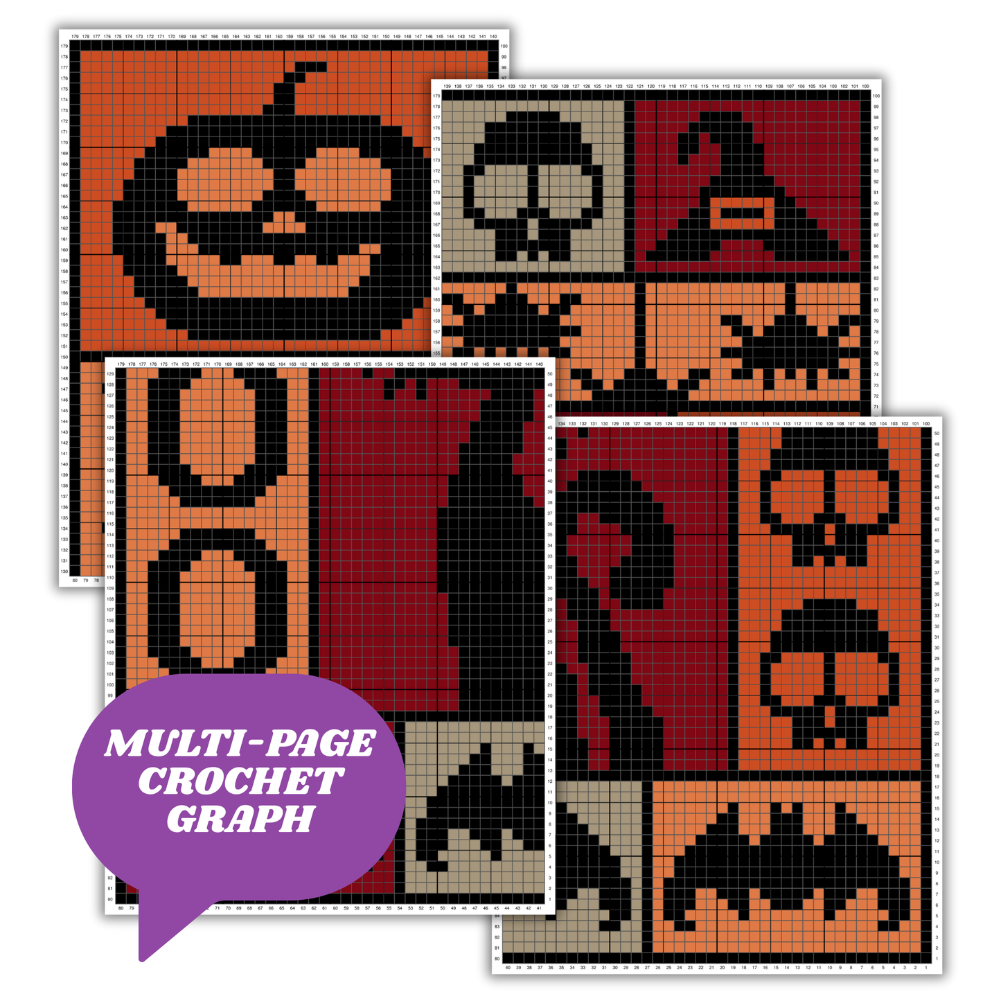 Crochet Halloween Blanket Graph and Pattern for C2C & Tapestry Crochet | C2C Halloween Afghan | Boo Bats Spiders Skulls Witch Hat Black Cats