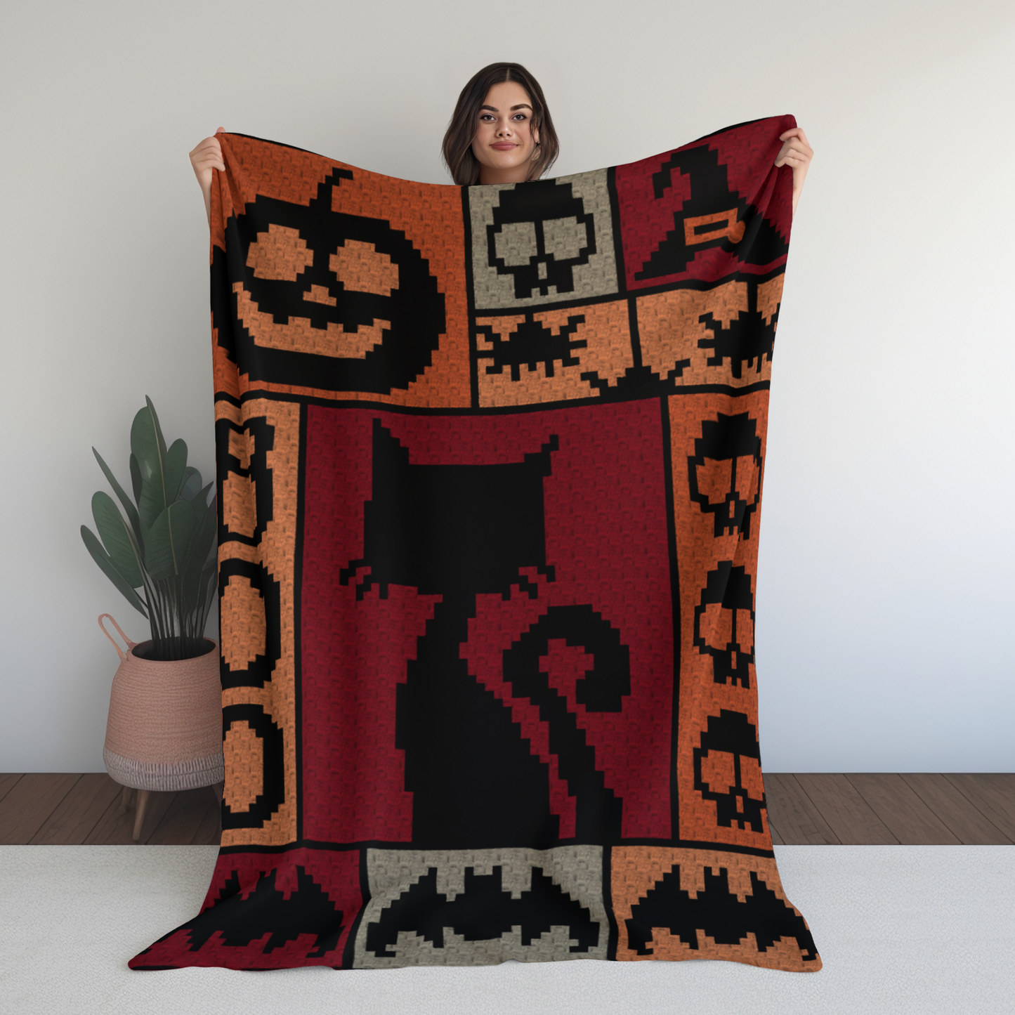 Crochet Halloween Blanket Graph and Pattern for C2C & Tapestry Crochet | C2C Halloween Afghan | Boo Bats Spiders Skulls Witch Hat Black Cats