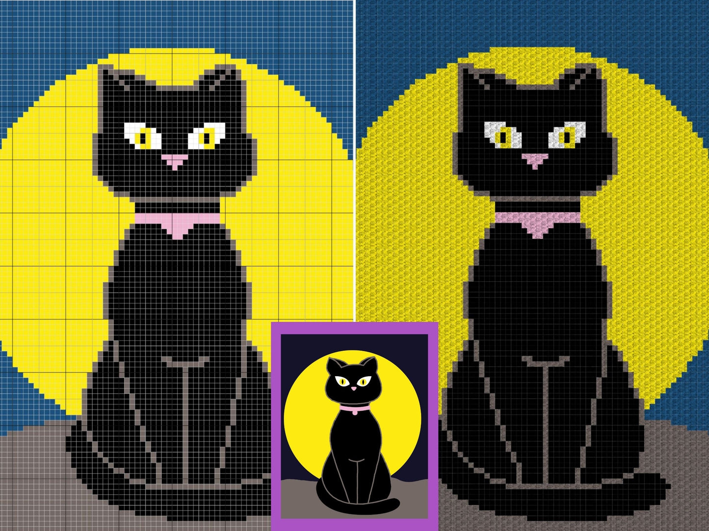 Halloween Black Cat On Moon Graph + Written Pattern For C2C & Tapestry Crochet Cat C2C Crochet Pattern Halloween Crochet Blanket Cat Afghan