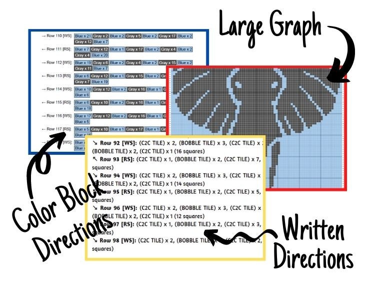 Tribal African Elephant Graph + Written Pattern For C2C & Tapestry Crochet - Crochet Elephant C2C Graphgan Animal Crochet Elephant Blanket