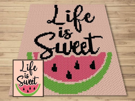 Life Is Sweet Watermelon Graph + Written Pattern For C2C & Tapestry Crochet - C2C Quote Graphghan - Quote Crochet Blanket - Crochet Afghan