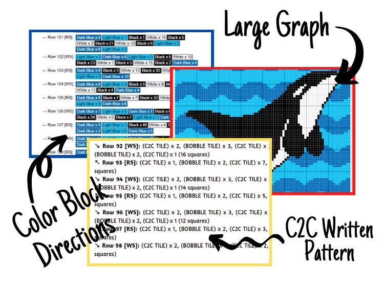 Ocean Orca Whale Graph + Written Pattern For C2C & Tapestry Crochet - Killer Whale C2C Graph - Whale Crochet Blanket - Animal Baby Blanket