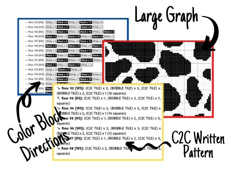 Cow Print Graph + Written Pattern For C2C & Tapestry Crochet - C2C Graph Cow Pattern - Crochet Animal Print Cow Blanket Baby C2C Cow Afghan