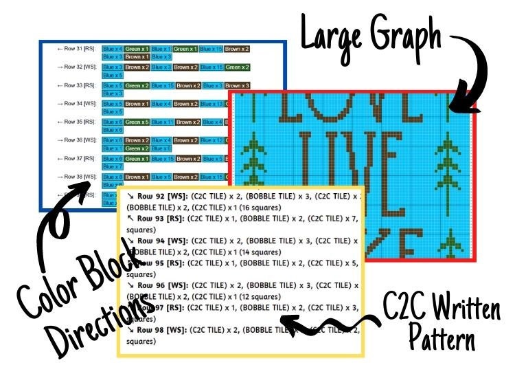 Love Live Lake Graph + Written Pattern For C2C & Tapestry Crochet - Log Cabin C2C Crochet Pattern - Cabin Woods C2C Lakehouse Throw Blanket