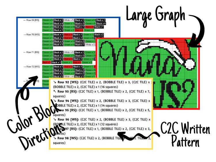 Nana Claus Graph + Written Pattern For C2C & Tapestry Crochet - Santa C2C Crochet Pattern - Christmas Crochet Blanket - Christmas Afghan