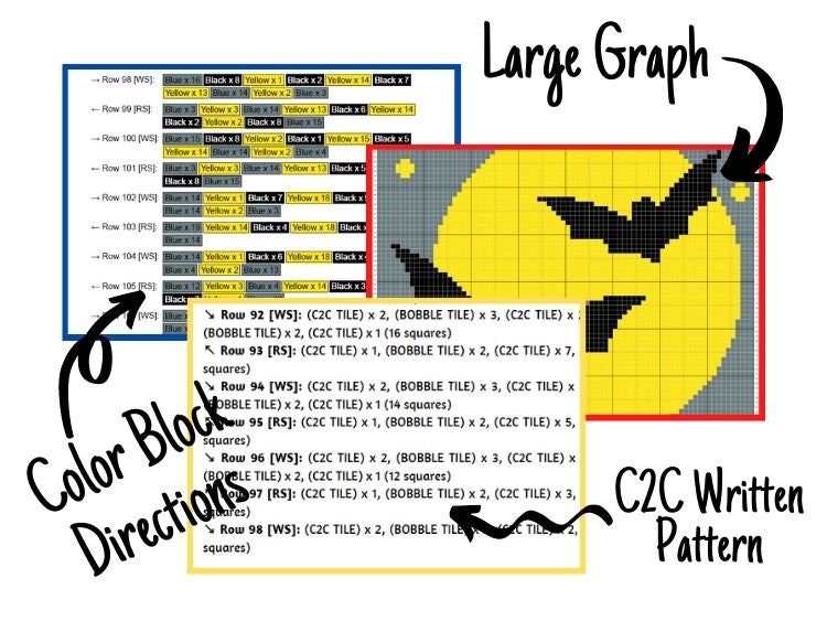 Halloween Bats In Full Moon Graph + Written Pattern For C2C & Tapestry Crochet - Halloween C2C Pattern - Bat C2C Blanket - Halloween Blanket