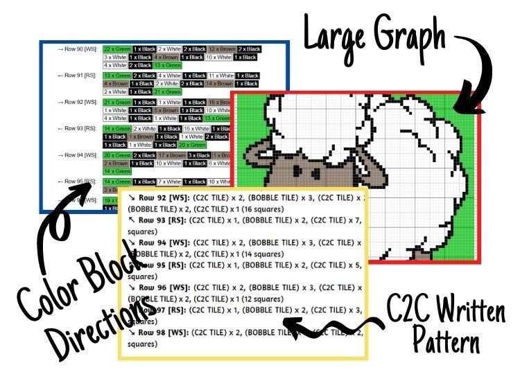 Cute Lamb Graph + Written Pattern For C2C & Tapestry Crochet - Lamb C2C Crochet Pattern - Sheep C2C Blanket - Animal Baby Afghan Baby Shower