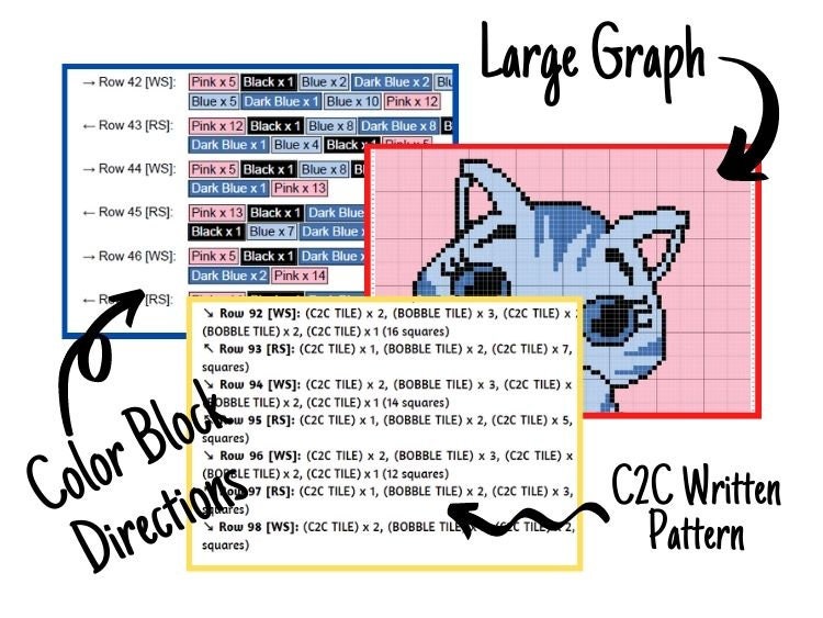 Cute Kitty Cat Graph + Written Pattern For C2C & Tapestry Crochet - Cat C2C Crochet Pattern - Animal Crochet Baby Blanket - Baby Gift Afgan