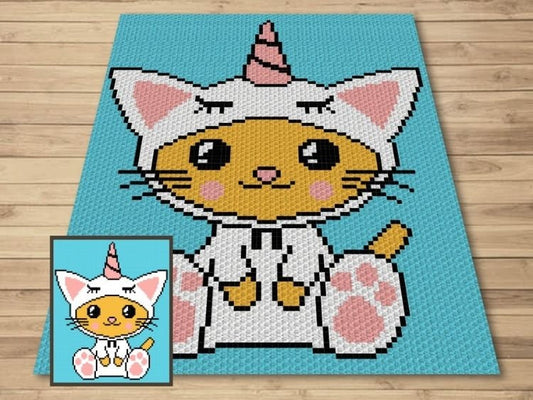 Kawaii Caticorn Unicat Graph + Written Pattern For C2C & Tapestry Crochet - Kawaii Cat Crochet Pattern - Cat C2C Blanket - Baby Shower Gift