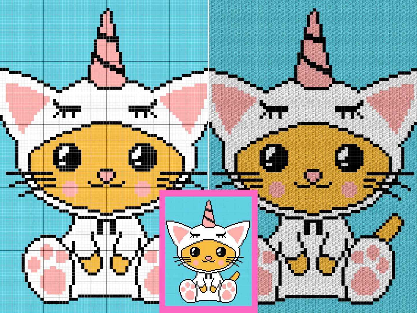 Kawaii Caticorn Unicat Graph + Written Pattern For C2C & Tapestry Crochet - Kawaii Cat Crochet Pattern - Cat C2C Blanket - Baby Shower Gift