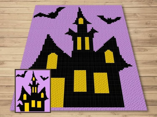 Halloween Haunted Mansion Graph + Written Pattern For C2C & Tapestry Crochet - Haunted House Crochet Pattern - Crochet Halloween C2C Blanket