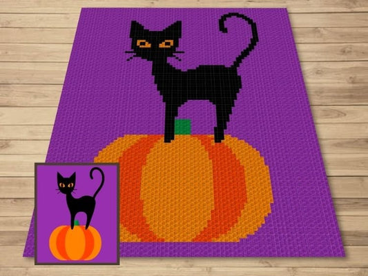 Halloween Black Cat On Pumpkin Graph + Written Pattern For C2C & Tapestry Crochet - Halloween Cat C2C Pattern Cat Crochet Blanket Cat Afghan