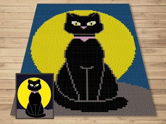 Halloween Black Cat On Moon Graph + Written Pattern For C2C & Tapestry Crochet Cat C2C Crochet Pattern Halloween Crochet Blanket Cat Afghan