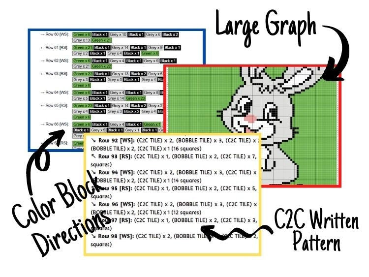 Happy Bunny Graph + Written Pattern For C2C & Tapestry Crochet - Crochet Bunny C2C Graphgan - Crochet Bunny Blanket - Animal Baby Blanket
