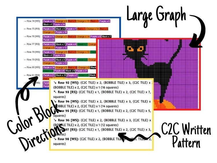 Halloween Black Cat On Pumpkin Graph + Written Pattern For C2C & Tapestry Crochet - Halloween Cat C2C Pattern Cat Crochet Blanket Cat Afghan