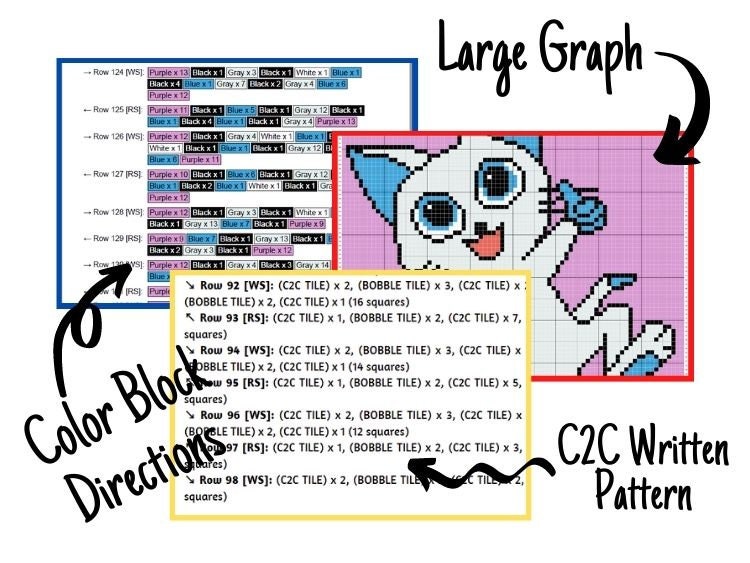 Happy Kitty Cat Graph + Written Pattern For C2C & Tapestry Crochet - Cat Crochet Pattern - Feline C2C Crochet Blanket - Animal Baby Blanket