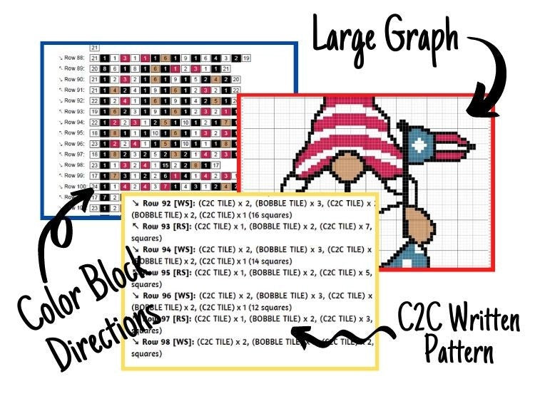 4th Of July Patriotic Gnome Graph + Written Pattern For C2C & Tapestry Crochet - C2C Gnome Graphghan - Gnome Crochet Blanket -Crochet Afghan
