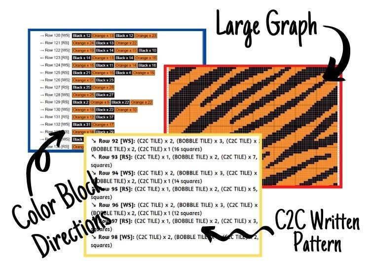 Tiger Print Graph + Written Pattern For C2C & Tapestry Crochet - Tiger Crochet Pattern - Animal Print Baby Blanket - Animal Afghan Baby Gift