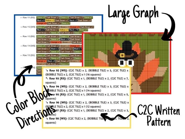 Thanksgiving Turkey Graph + Written Pattern For C2C & Tapestry Crochet - C2C Turkey Pattern - Thanksgiving Crochet Blanket Fall C2C Blanket