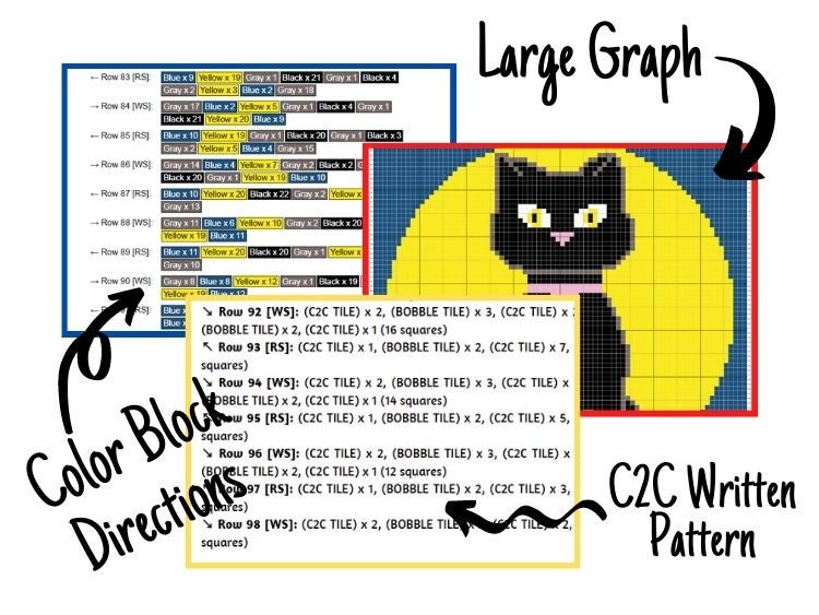 Halloween Black Cat On Moon Graph + Written Pattern For C2C & Tapestry Crochet Cat C2C Crochet Pattern Halloween Crochet Blanket Cat Afghan