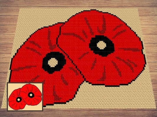 Poppy Flowers Graph + Written Pattern For C2C & Tapestry Crochet - C2C Poppy Crochet Pattern - Flower Crochet Blanket Baby Afghan C2C Chart