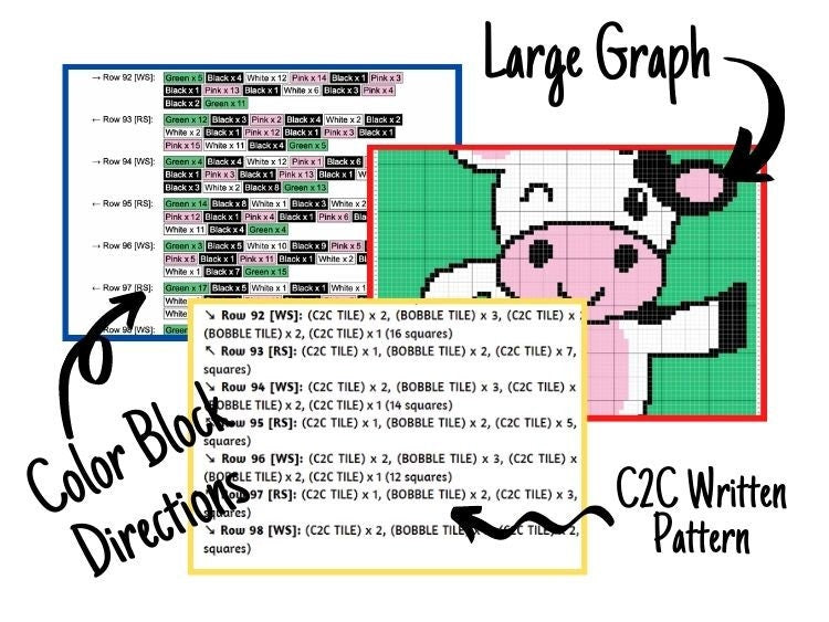 Happy Cow Graph + Written Pattern For C2C & Tapestry Crochet - Cow C2C Graphgan - Crochet Cow Blanket - Animal Baby Blanket C2C Cow Afghan