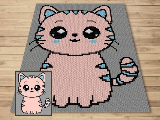 Cute Strawberry Cat Graph + Written Pattern For C2C & Tapestry Crochet - Cat C2C Graphgan - Crochet Cat Blanket - Animal Blanket Baby Shower