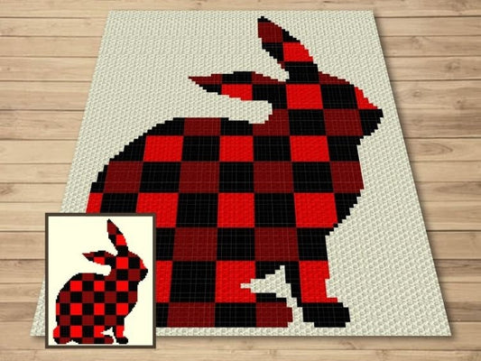 Buffalo Plaid Rabbit Silhouette Graph + Written Pattern For C2C & Tapestry Crochet - Bunny Rabbit C2C Graphgan Buffalo Plaid Crochet Blanket
