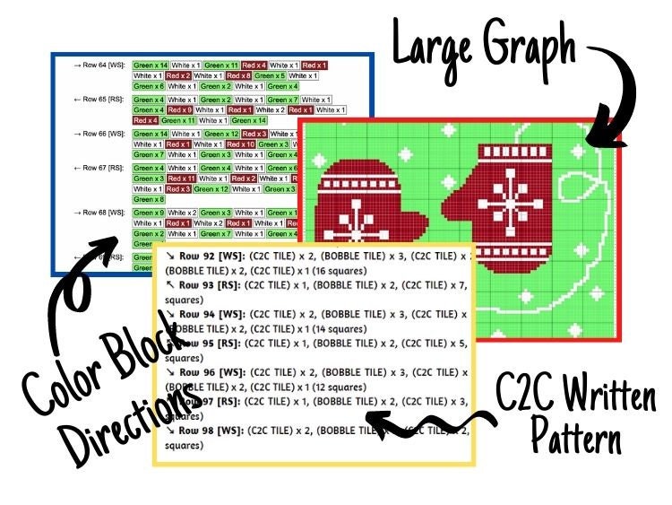 Christmas Winter Mittens Graph + Written Pattern For C2C & Tapestry Crochet - Christmas C2C Graphgan - Crochet Christmas Baby Blanket Gift