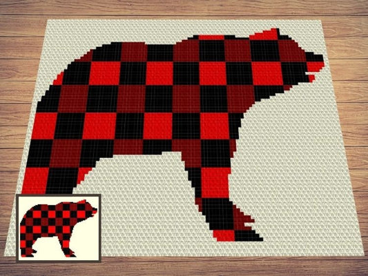 Buffalo Plaid Bear Silhouette Graph + Written Pattern For C2C & Tapestry Crochet - Bear C2C Graphgan - Red and Black Plaid Crochet Blanket